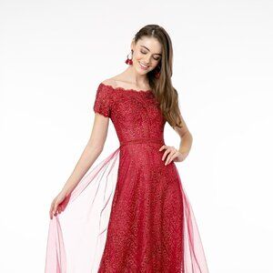 NEW LONG OFF THE SHOULDER EMBROIDERED GLITTER MESH DRESS WITH ZIPPER BACK GL2942